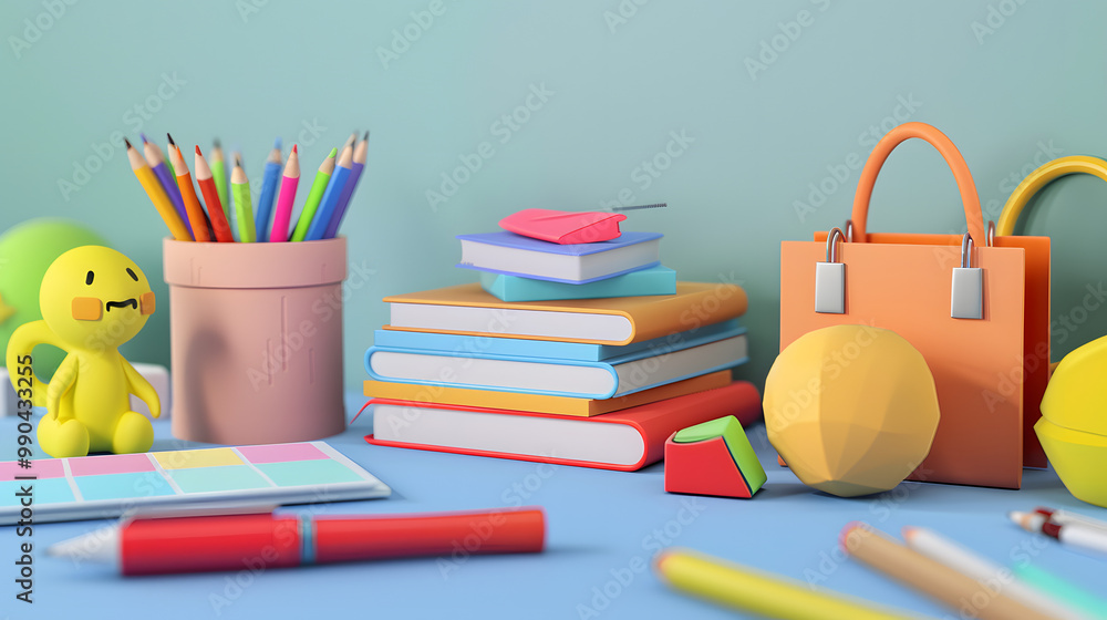 Fototapeta premium Paper school equipment 3D cartoon