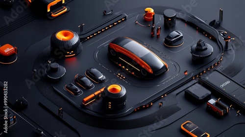 Futuristic Tech City: A captivating 3D rendering of a sleek, futuristic city, where technology seamlessly integrates with urban life.  Black and orange color scheme highlights the futuristic aesthetic photo