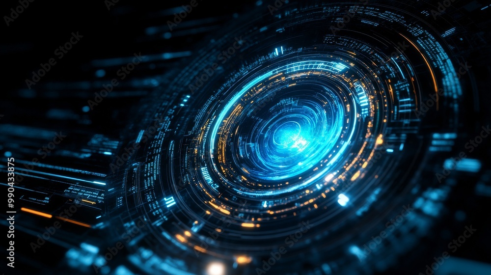 Abstract futuristic interface with glowing blue and orange circles. Abstract futuristic interface with glowing blue and orange circles.