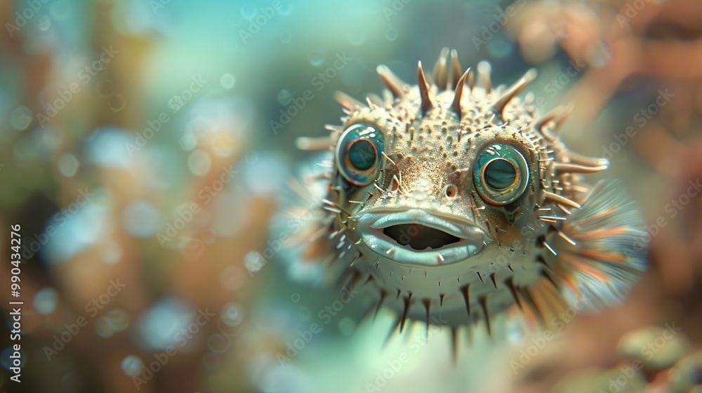 Charming pufferfish with big eyes and a friendly demeanor, captured in a colorful marine environment, symbolizing oceanic whimsy Charming pufferfish with big eyes and a friendly demeanor, captured in a colorful marine environment, symbolizing oceanic whimsy