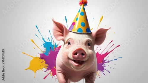 A cheerful pig wearing a party hat, surrounded by colorful paint splatters, celebrating a happy birthday on a white background.