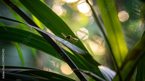 Close-up of mosquito resting on leaf in tropical forest, emphasizing its role in transmitting viruses, shallow depth of field. photo