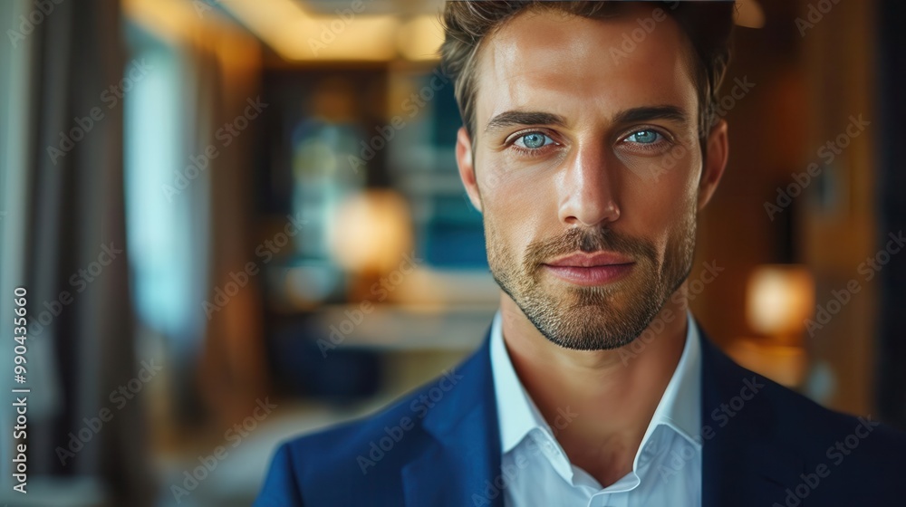 Fototapeta premium Confident businessman with blue eyes and charming smile, standing in modern office, dressed in a navy blazer.