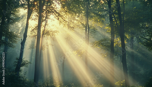 Tall, misty trees with sunlight streaming through the branches, creating a magical and mysterious forest atmosphere