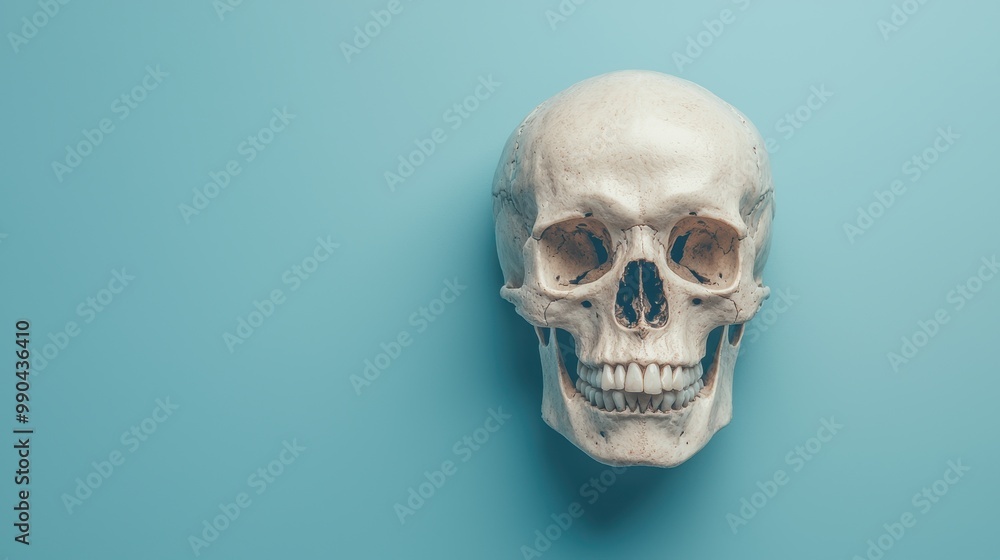 Fototapeta premium Realistic Human Skull on Blue Background