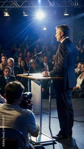 Charismatic male speaker delivering speech at podium before attentive audience in bright stage lighting