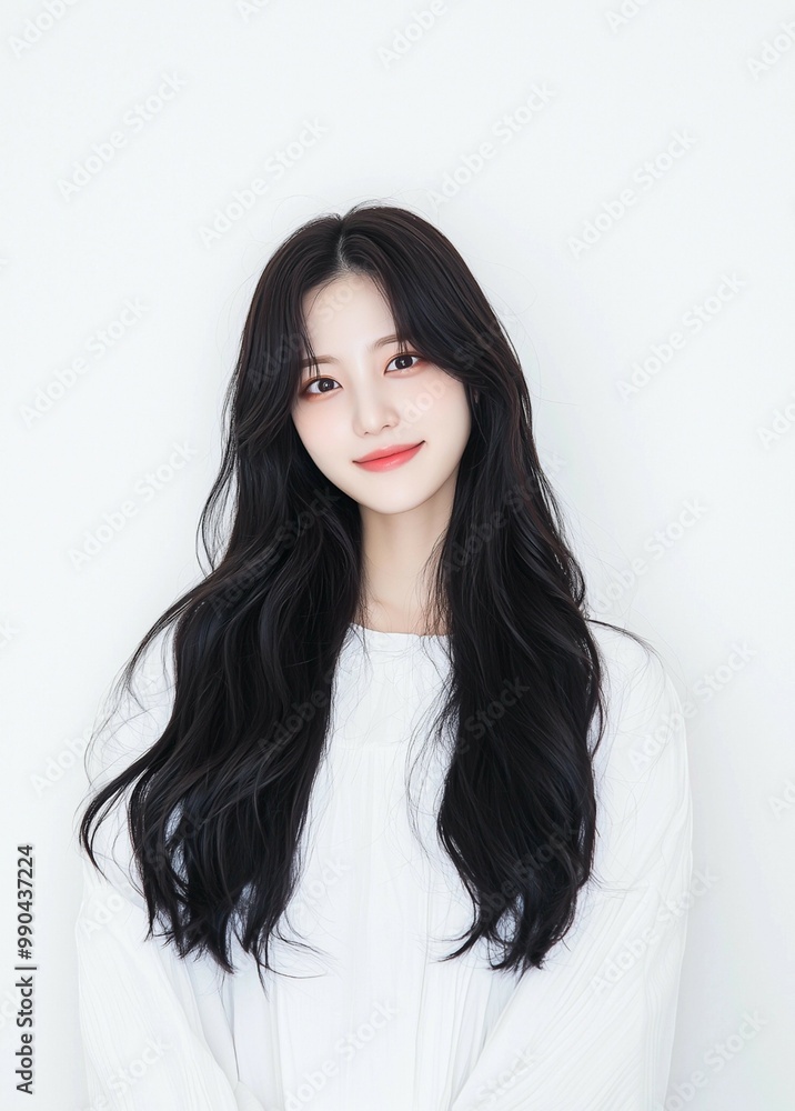 Radiant Young Woman with Long Black Hair and White Blouse Radiant Young Woman with Long Black Hair and White Blouse