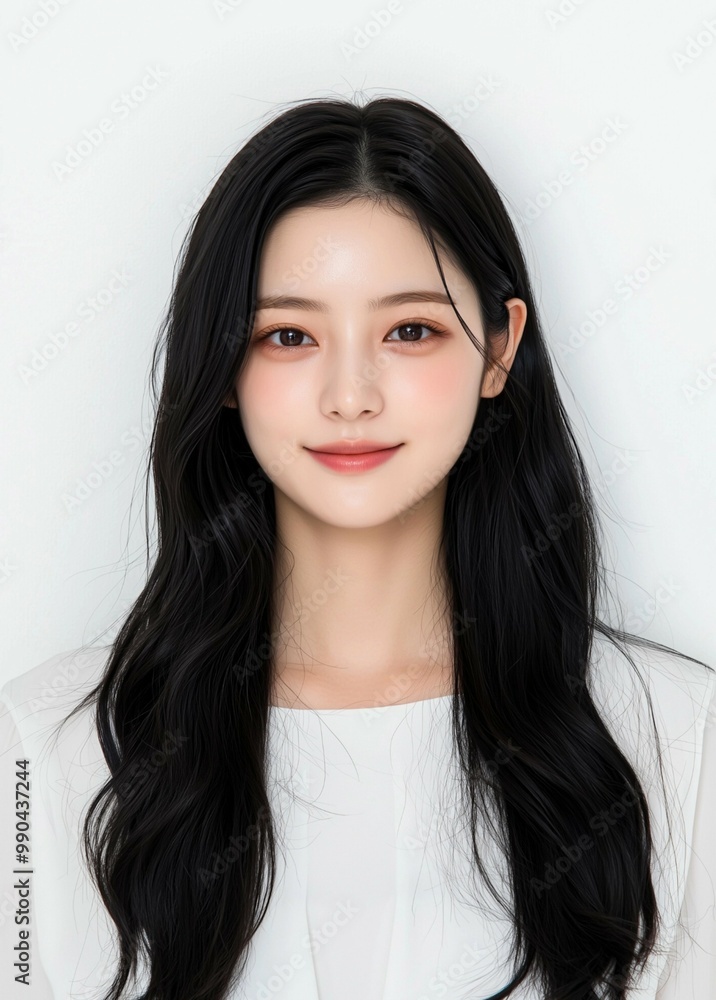 Radiant Young Woman with Long Black Hair and White Blouse Radiant Young Woman with Long Black Hair and White Blouse