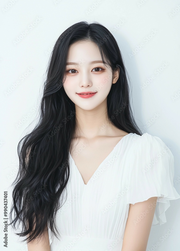 Radiant Young Woman with Long Black Hair and White Blouse Radiant Young Woman with Long Black Hair and White Blouse