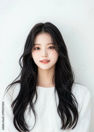 Radiant Young Woman with Long Black Hair and White Blouse