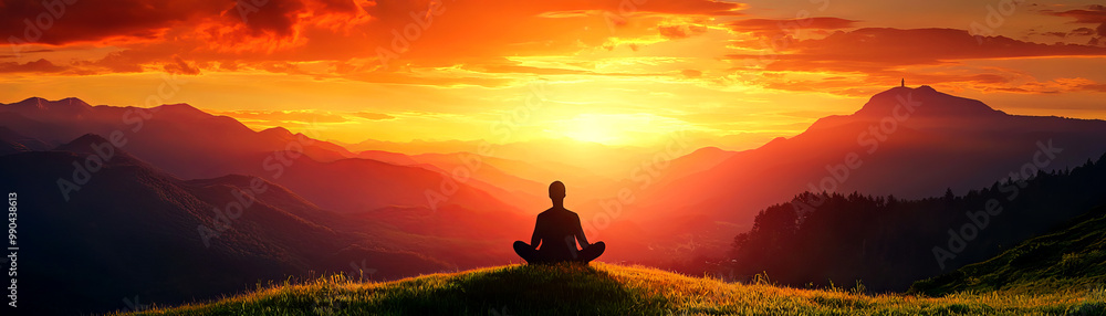 A person meditating on a hilltop during a vibrant sunset, surrounded by mountains and nature's beauty. A person meditating on a hilltop during a vibrant sunset, surrounded by mountains and nature's beauty.