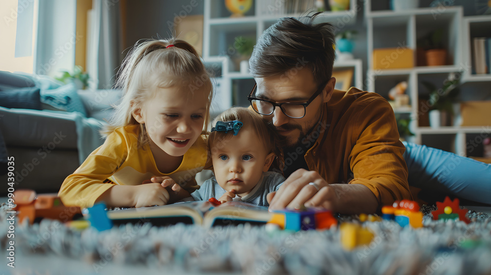 Young nuclear family playing with toys in a living room. Parents and children lying on floor, looking at children's story book, spending weekend day indoors Young nuclear family playing with toys in a living room. Parents and children lying on floor, looking at children's story book, spending weekend day indoors