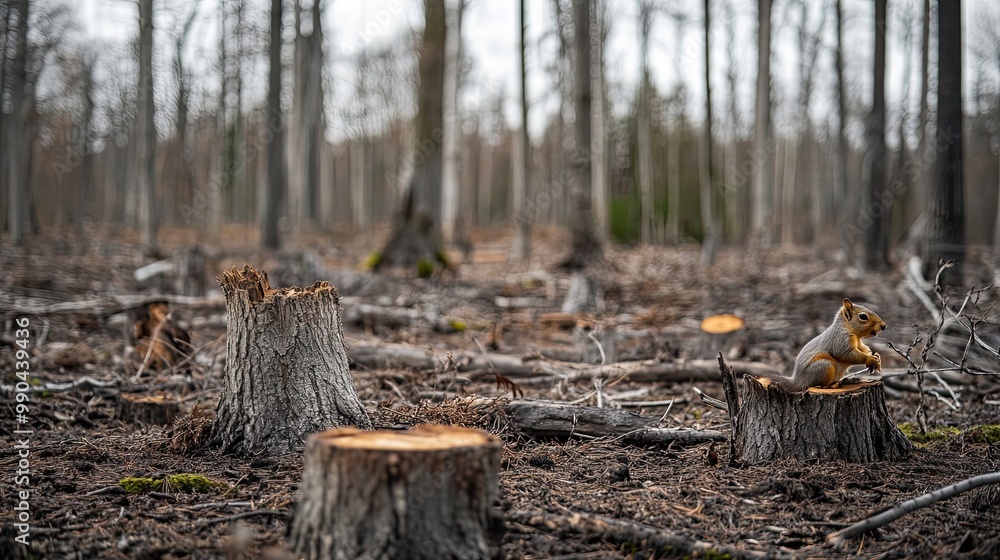 A Grey Squirrel Perched on a Tree Stump in a Deforested Forest A Grey Squirrel Perched on a Tree Stump in a Deforested Forest