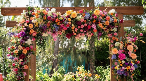 Bohostyle floral arch backdrop with vibrant colors and whimsical floral arrangements