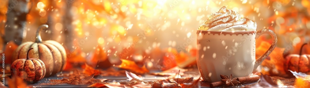 Warm autumn scene with a mug of hot chocolate topped with whipped cream, pumpkins, and fallen leaves, creating cozy fall vibes. Warm autumn scene with a mug of hot chocolate topped with whipped cream, pumpkins, and fallen leaves, creating cozy fall vibes.
