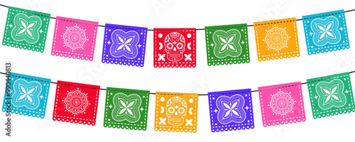 Dia de Los Muertos - Day of the Dead set of colorful mexican traditional paper cutting flags - papel picado.