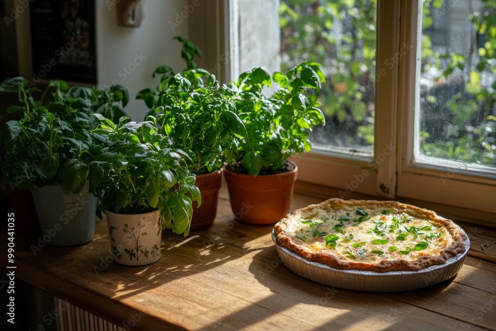 Fresh basil plants grow beside a delicious homemade pizza on a wooden table. Natural light fills the room. This cozy kitchen scene invites joy and creativity. Generative AI Fresh basil plants grow beside a delicious homemade pizza on a wooden table. Natural light fills the room. This cozy kitchen scene invites joy and creativity. Generative AI