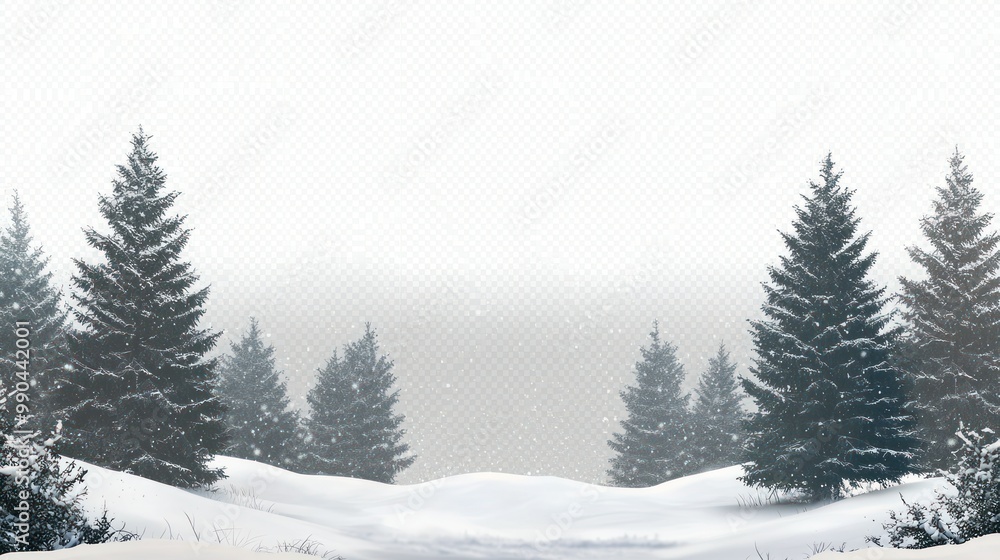 A Christmas background featuring a snow-covered landscape and pine trees on a transparent background. A Christmas background featuring a snow-covered landscape and pine trees on a transparent background.