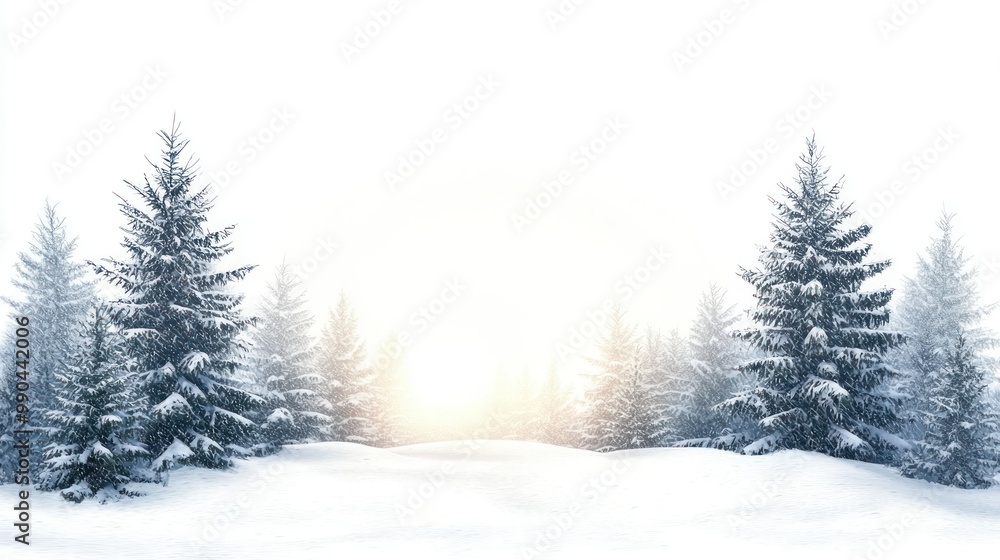 Obraz premium A Christmas background featuring a snow-covered landscape and pine trees on a transparent background.