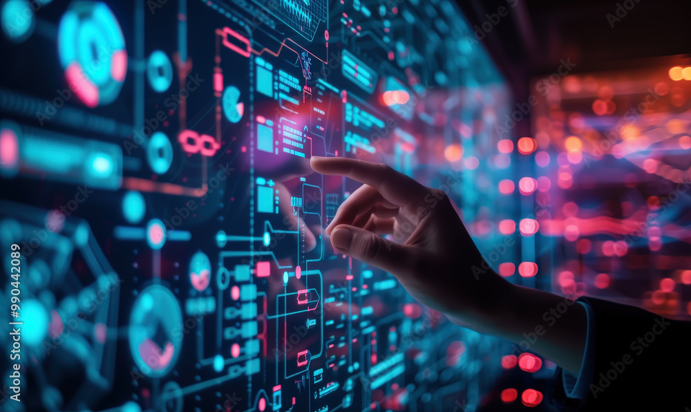 Human hand with finger selecting on a touchscreen showing digital symbols and icons of the blockchain. A screen showing the effects of digital processing and network. Human hand with finger selecting on a touchscreen showing digital symbols and icons of the blockchain. A screen showing the effects of digital processing and network.