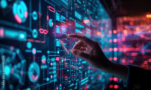 Human hand with finger selecting on a touchscreen showing digital symbols and icons of the blockchain. A screen showing the effects of digital processing and network.