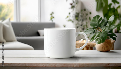 cup of coffee, White ceramic cup set-up in at home interior, mug mock up blank.