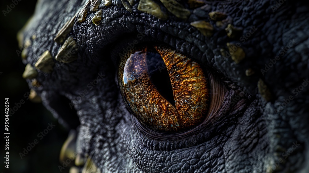 A close up of a dragon's eye with gold spikes A close up of a dragon's eye with gold spikes