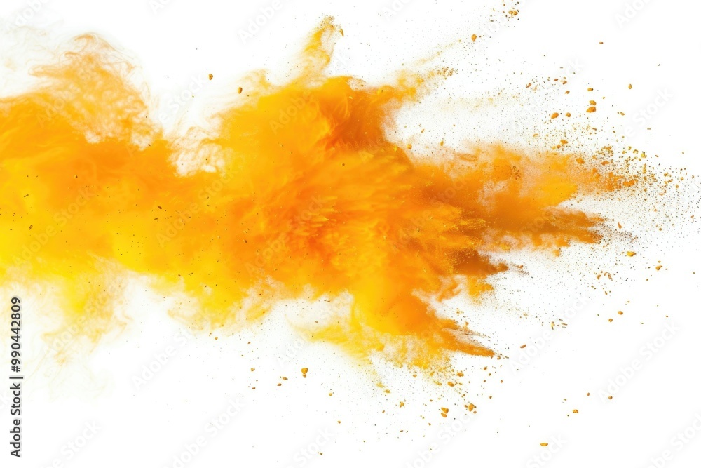 Orange White. Abstract Yellow Dust Particles Explosion on White Background