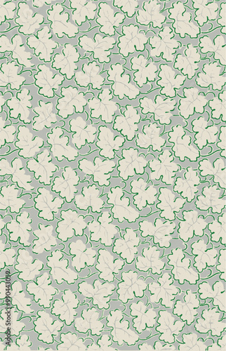 Pattern of white leaves with green outlines on a light gray background.