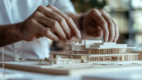 a close-up of an architectâ€™s hands adjusting a miniature model of a construction project. 