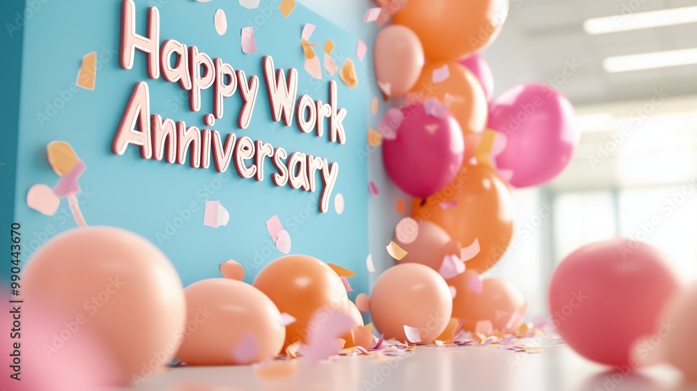 © praewpailyn - Colorful balloons and festive decorations for a work anniversary celebration, creating a joyful and cheerful atmosphere in an office setting. © praewpailyn - Colorful balloons and festive decorations for a work anniversary celebration, creating a joyful and cheerful atmosphere in an office setting.