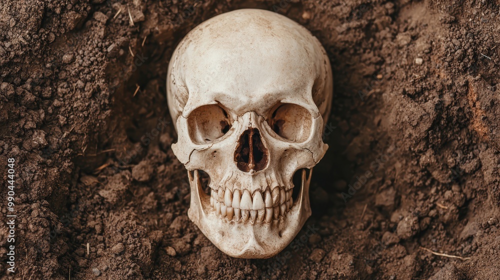 Human Skull Buried in Earthy Soil Human Skull Buried in Earthy Soil