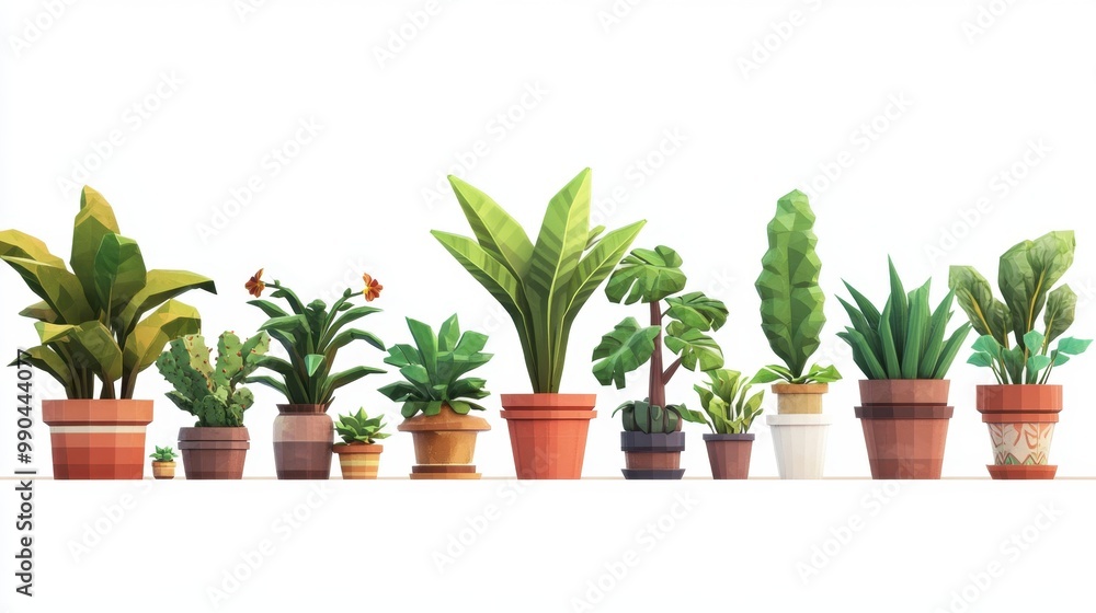Fototapeta premium A series of potted plants stand neatly in a row against a white backdrop, showing off their vibrant greenery. Each pot features a unique design, adding charm to the arrangement.