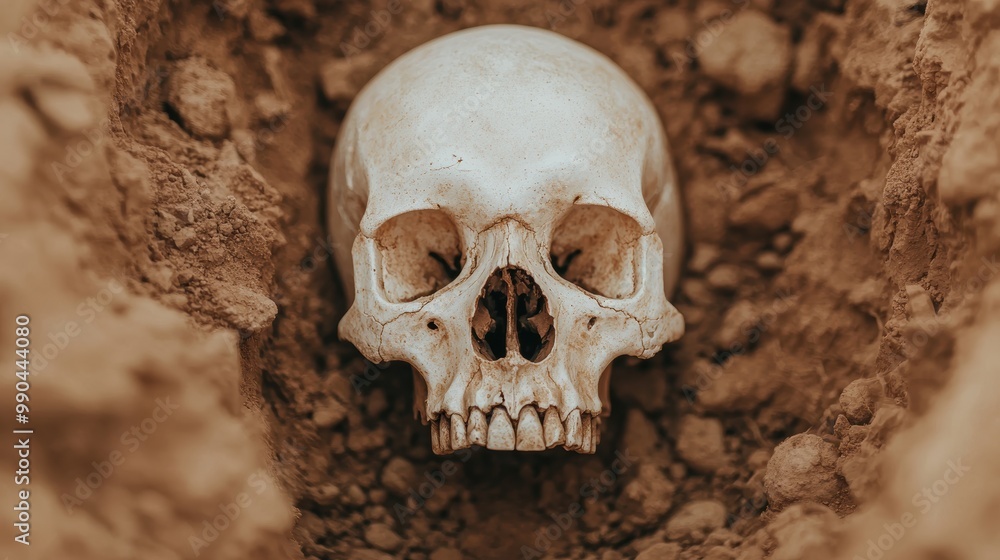 Human Skull in Excavation Site Surrounded by Dirt Human Skull in Excavation Site Surrounded by Dirt