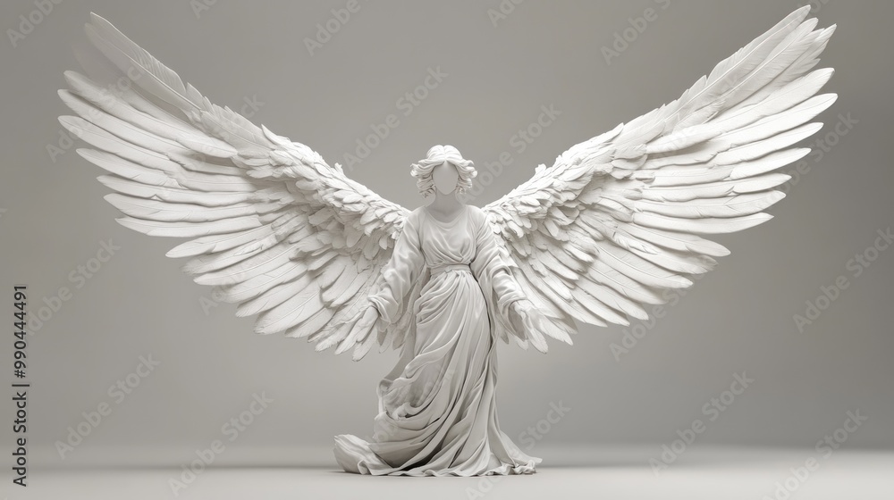 White angel statue with large wings and flowing gown. White angel statue with large wings and flowing gown.
