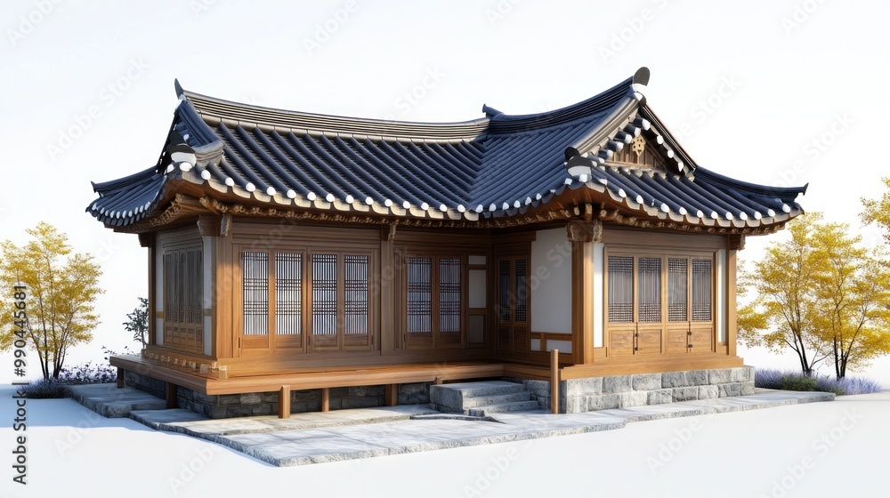 Traditional Korean house with a curved roof and wooden walls. Traditional Korean house with a curved roof and wooden walls.