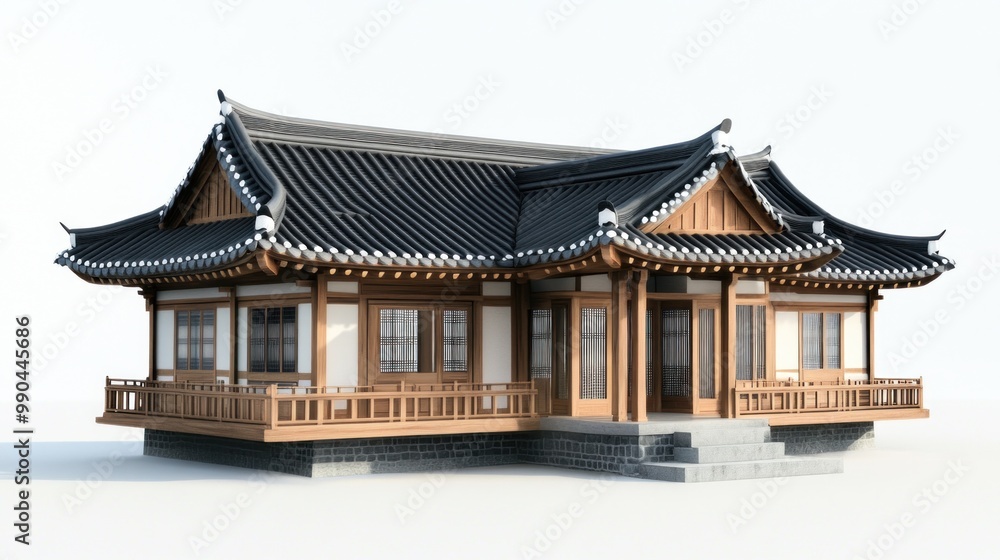 Traditional wooden house with a curved roof, a balcony, and stone steps. Traditional wooden house with a curved roof, a balcony, and stone steps.