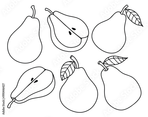  Hand drawn Outline black pear. doodle fruits set white doodle style.