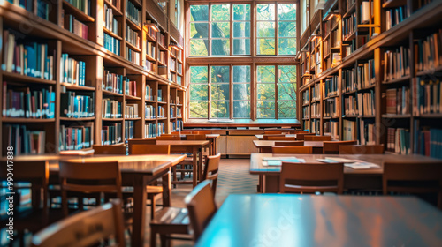 Cozy library interior with wooden tables and shelves filled with books in a sunlit setting