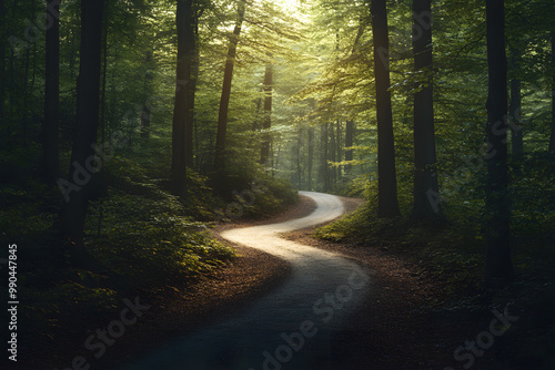 Sunlit path winds through the misty morning forest