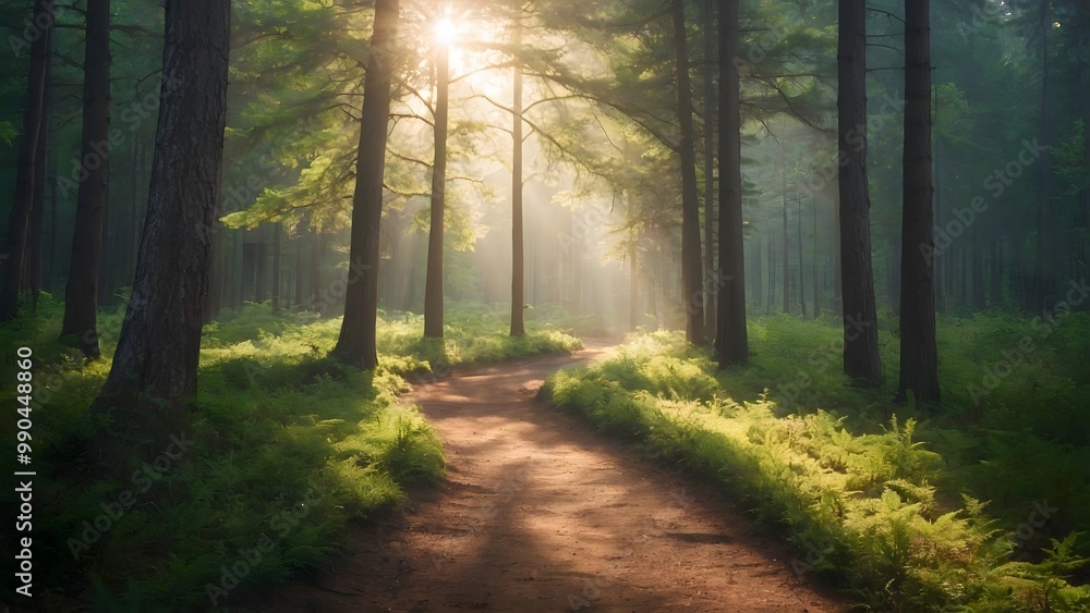 A Tranquil Forest Path Illuminated by Morning Sunlight and Surrounded by Lush Greenery in a Serene Woodland A Tranquil Forest Path Illuminated by Morning Sunlight and Surrounded by Lush Greenery in a Serene Woodland