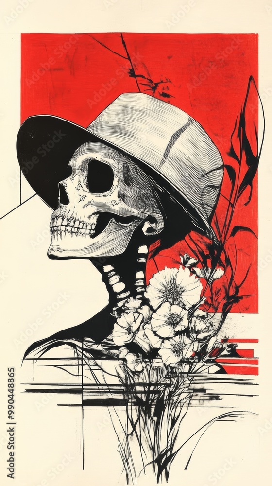 Fototapeta premium Illustration with a girl and a skull on the theme of the Día de Muertos. Day of the Dead is one of the most vibrant and original holidays in Mexico. A great reason to laugh at Death and actively enjoy