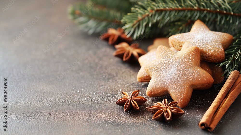 Cinnamon stars, traditional christmas cookies, shortcrust pastry with anise spice for holidays, fir branches Cinnamon stars, traditional christmas cookies, shortcrust pastry with anise spice for holidays, fir branches