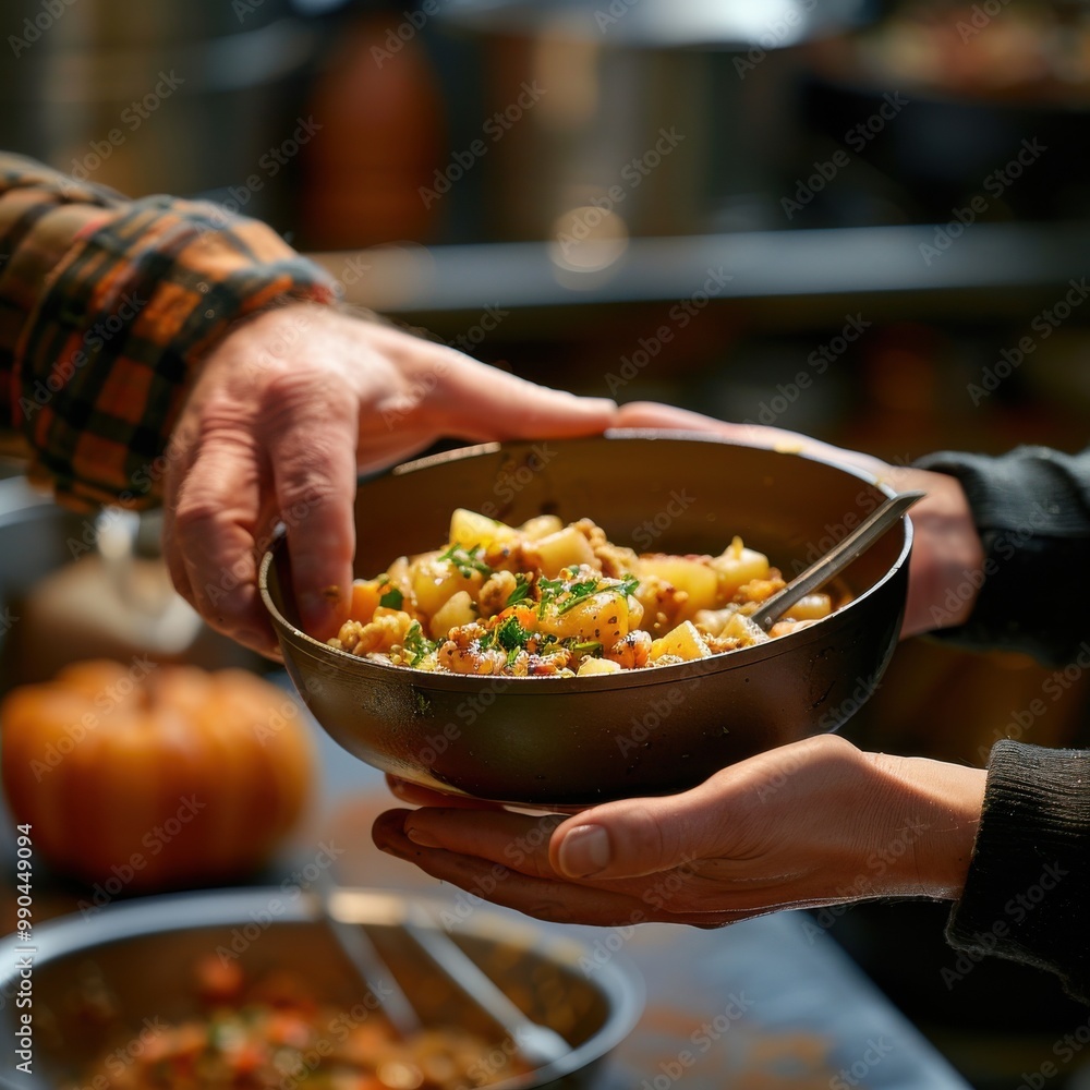 Close-up of hands passing a warm bowl of hearty stew in a cozy kitchen setting, emphasizing community and sharing. Close-up of hands passing a warm bowl of hearty stew in a cozy kitchen setting, emphasizing community and sharing.