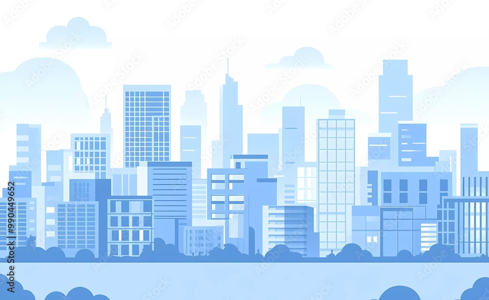 A simple vector illustration of a cityscape, featuring buildings in a blue and white color palette, with a flat design on a white background. A simple vector illustration of a cityscape, featuring buildings in a blue and white color palette, with a flat design on a white background.