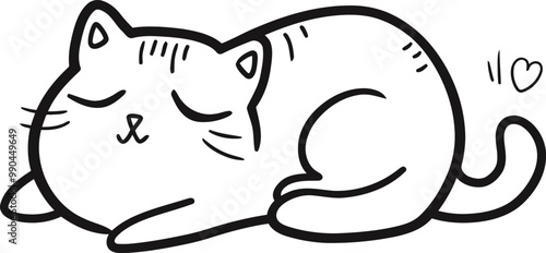 Hand-drawn doodle of a cute sleeping cat in sketch style, representing relaxation and pets. Isolated vector illustration