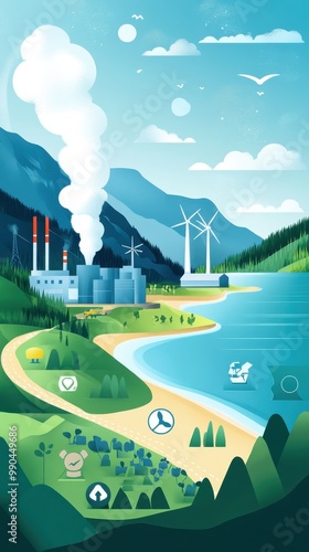 An illustration contrasts factory pollution with renewable energy symbols for a greener future