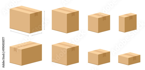 Cardboard delivery boxes different sizes set vector icon 3d graphic illustration, carton delivery postal parcel paper package small big medium objects image clip art
