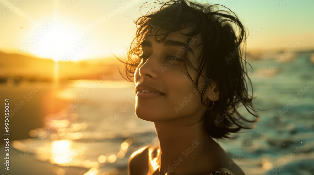 Woman enjoying sunlight by the ocean, closing her eyes and embracing nature on a serene beach during sunset Woman enjoying sunlight by the ocean, closing her eyes and embracing nature on a serene beach during sunset