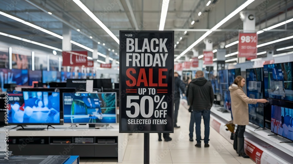 The store has a billboard with information that discounts of 50% are available during the The store has a billboard with information that discounts of 50% are available during the